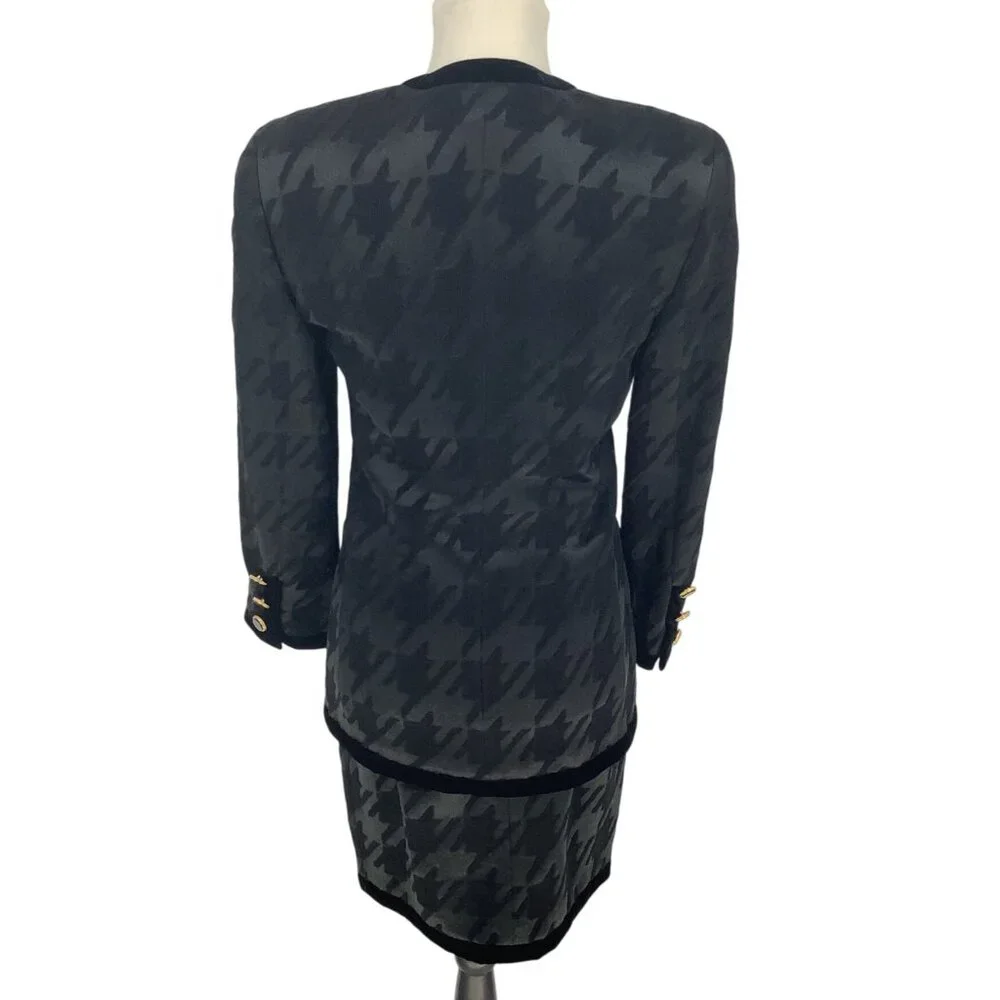 ESCADA Womens 34 US 2 Black Wool Silk Houndstooth Skirt & Blazer Elegant Luxury - Picture 2 of 16